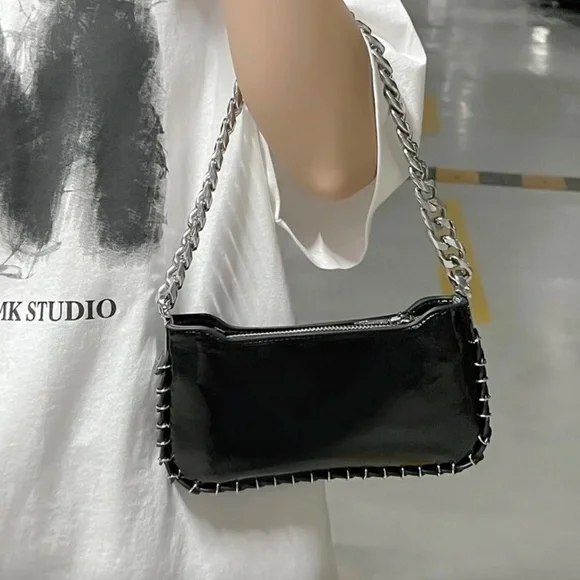 Black Patent Crossbody Bag with Silver Chain - Picture 10 of 10